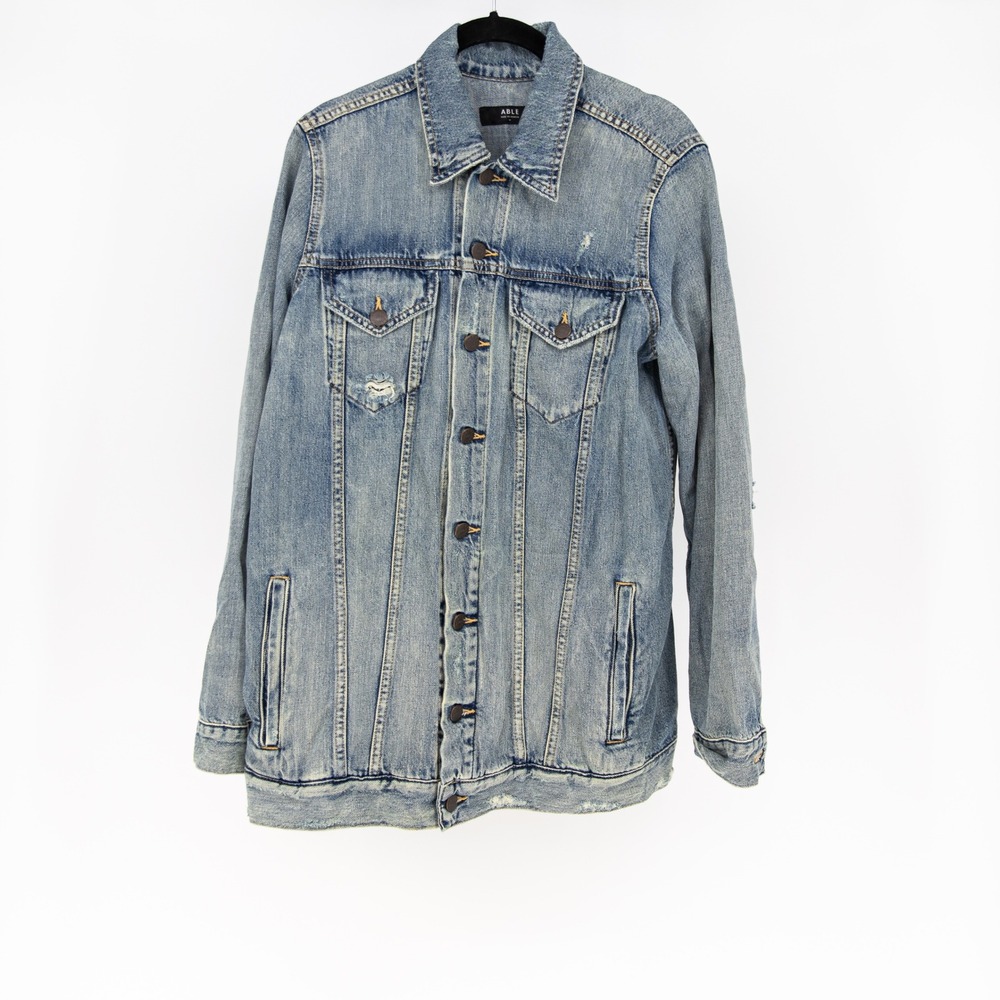 Able Women's Cotton Lyocell Distressed Faded Denim Jean Jacket Medium